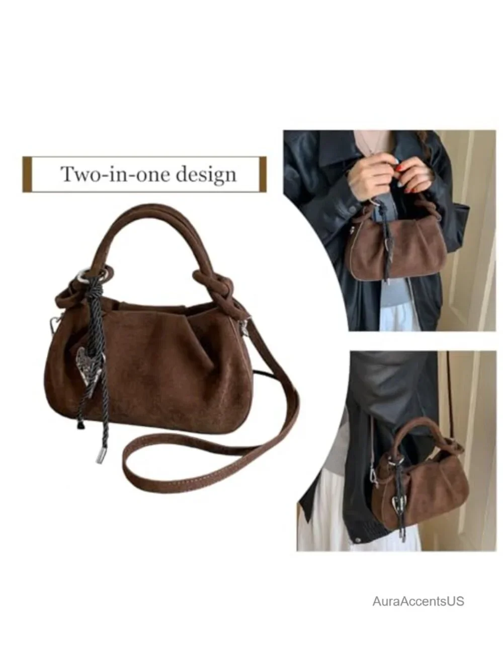 Faux Suede Small Slouchy Hobo Bag Crossbody Knotted Handle Fall Purse